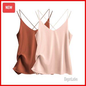 Silk Satin Camisole Tank Top V Neck Cross Back Spaghetti Strap 2-Pack S-XXL